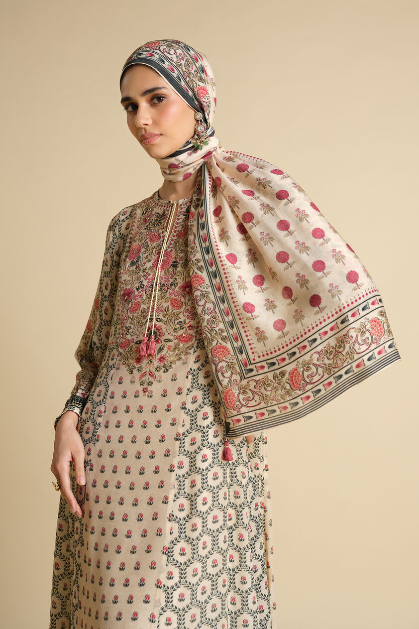 Demoiselle Printed Silk Stole - Ivory, Ivory, image 3